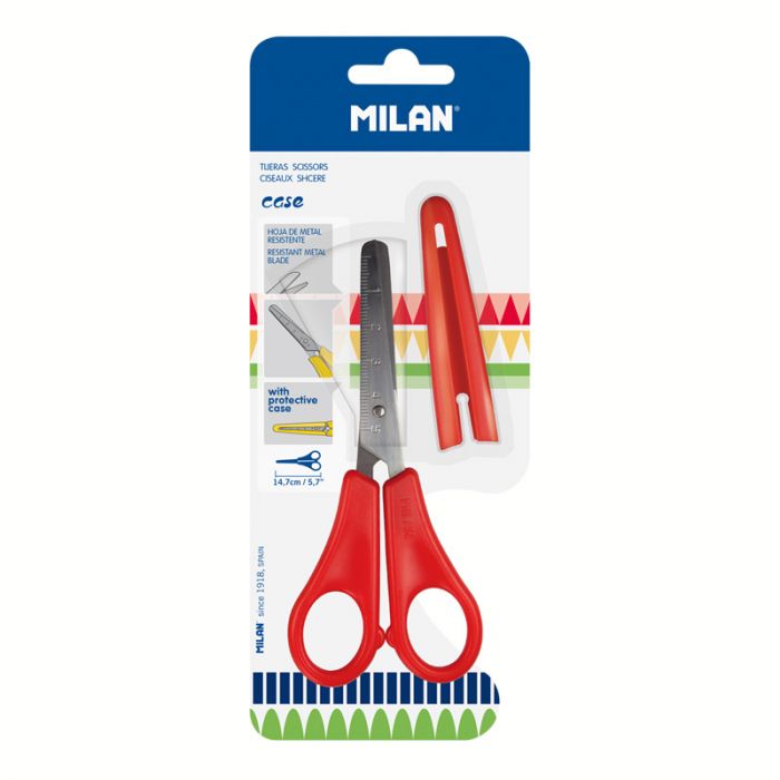 Milan blister pack scissors with protective case, stainless steel blades and ergonomic handles for precise cutting.