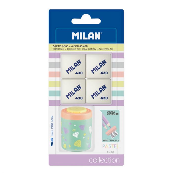 Milan Pastel Sugar eraser set with 4 colorful erasers and a matching pencil sharpener in a blister pack.