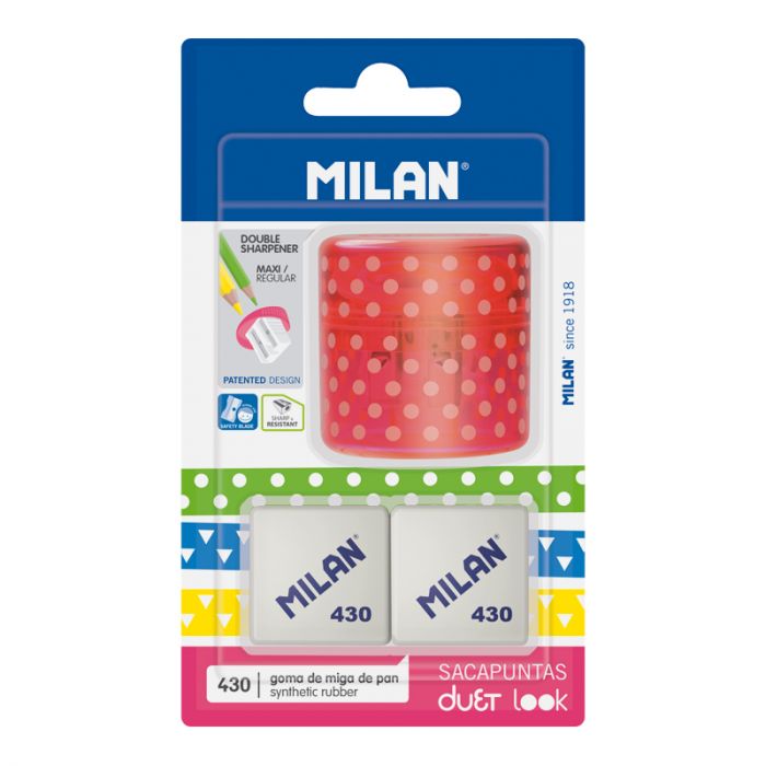 Milan Pink Duet Look Sharpener + 2 erasers 430 - Al Masam Stationery LLC Main image