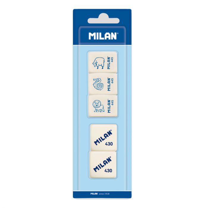Milan Synthetic Rubber Eraser 430, a white eraser for precise correction on paper, shown in close-up.
