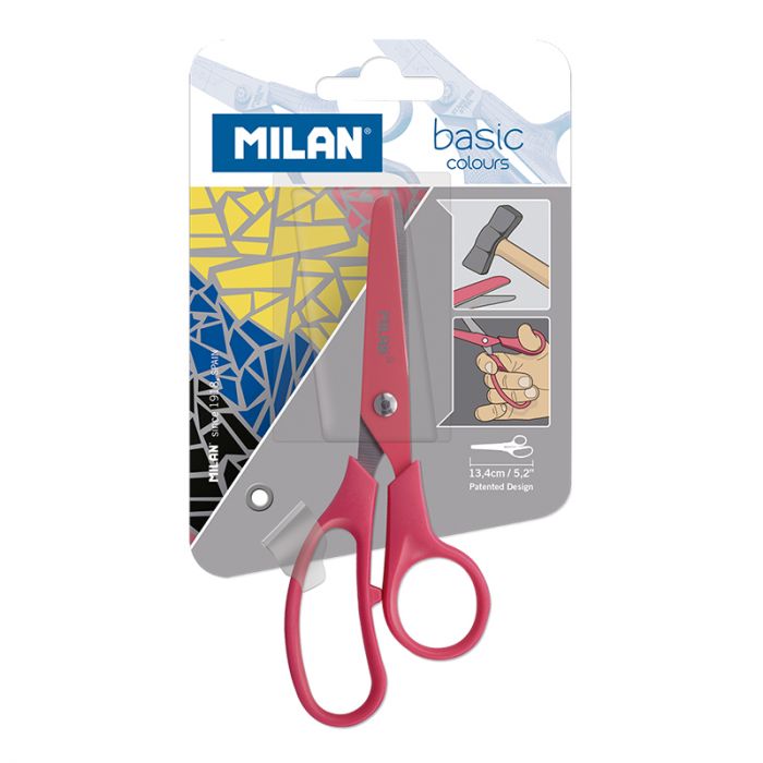 Set of Milan Basic Colours scissors in blister pack, featuring colorful, sharp paper cutting and crafting scissors.