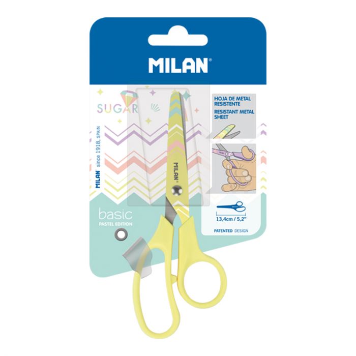 Yellow Milan Basic Pastel scissors in blister pack, ideal for paper cutting and crafting tasks.