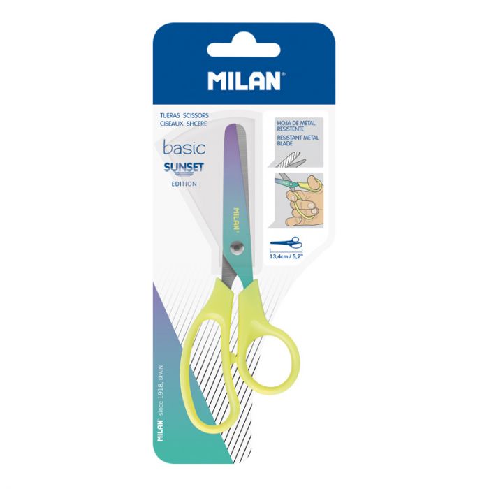 Yellow-handle Milan Basic Sunset scissors in blister pack, suitable for paper cutting and crafting.