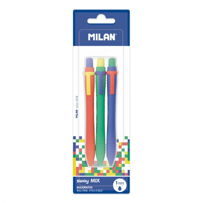 Milan SWAY mix pens featuring blue ink, showcasing a variety of vibrant color options and sleek design.