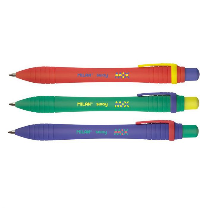 Milan SWAY mix pens featuring blue ink, showcasing a variety of colorful pen designs and tips arranged neatly.