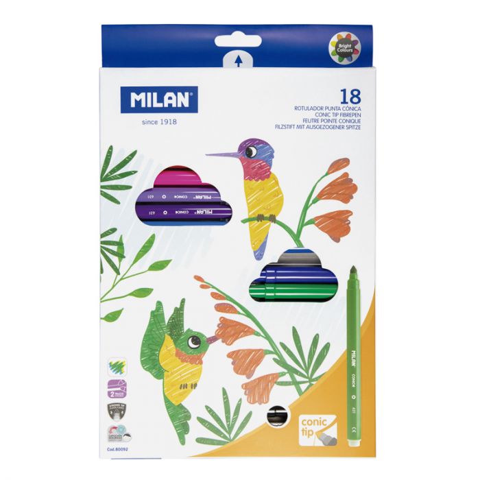 Milan fine tip fibrepens in a tape dispenser, showcasing vibrant colors and precision tips for detailed writing. Main image