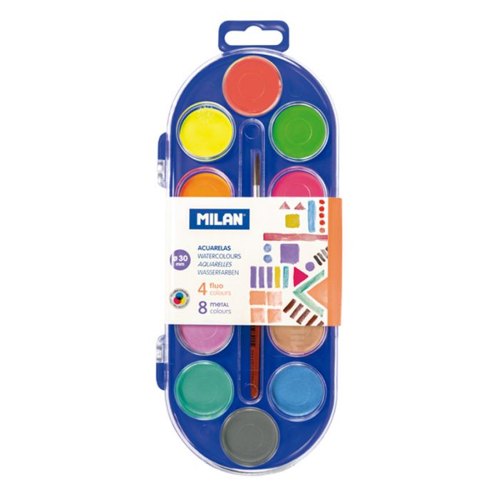 Fluorocent and metalic watercolour tablets 30 mm with brush - Al Masam Stationery LLC
