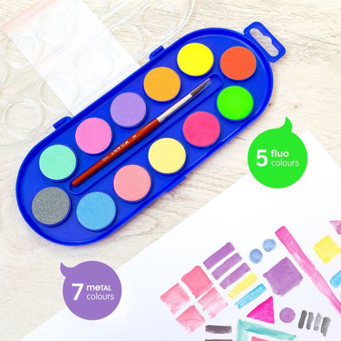Fluorocent and metalic watercolour tablets 30 mm with brush - Al Masam Stationery LLC