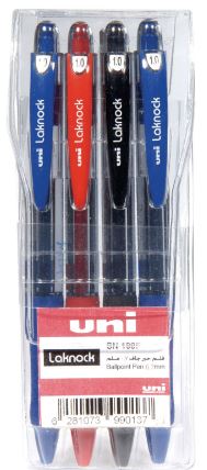Uni Laknock SN100M Ball Pen 1.0mm Wallet of 4 Colors - Al Masam Stationery LLC Main image