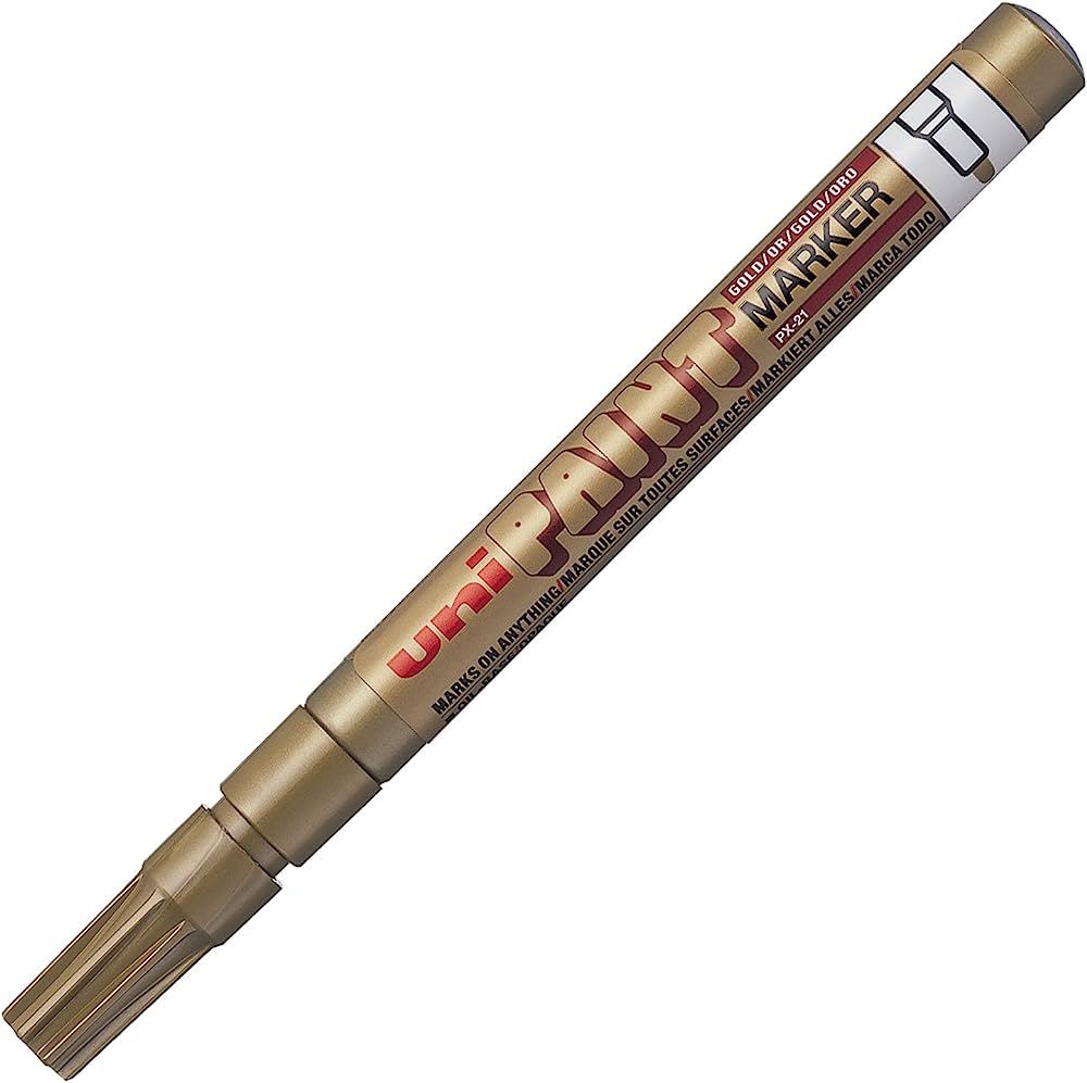 Mitsubishi gold paint marker with a bullet tip, showcasing its sleek design and vibrant gold color for precise writing.