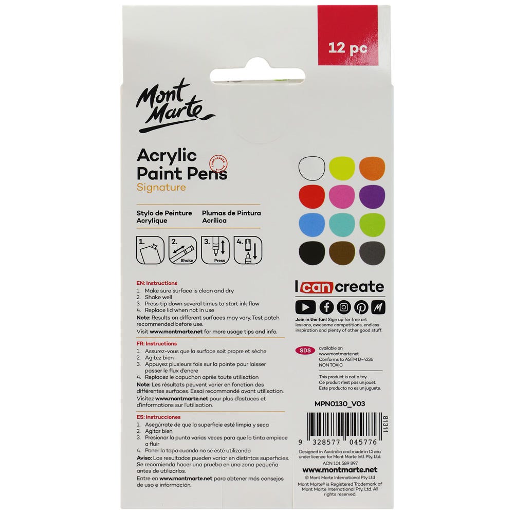 Mont Marte Acrylic Paint Pens Broad Tip 12pc - Al Masam Stationery LLC