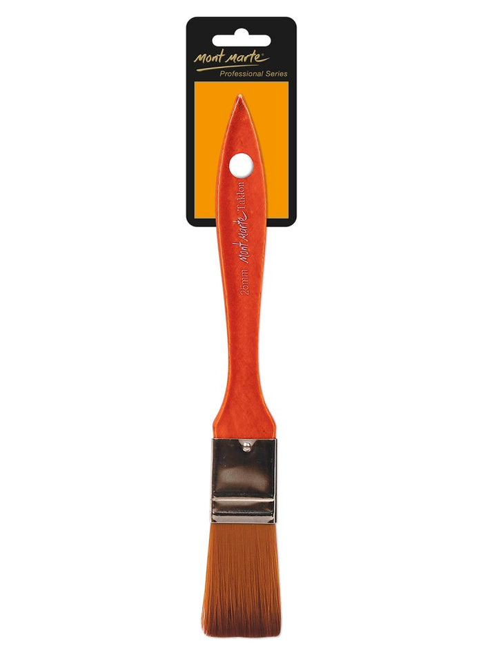 Mont Marte artist flat brush with 25mm Taklon bristles, designed for acrylic and watercolor painting, shown with bristle details.