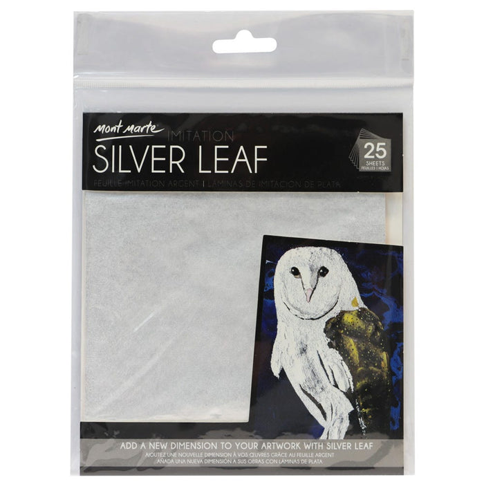 Mont Marte Imitation Silver Leaf sheets, 14x14cm, 25 sheets, for arts and crafts, displayed on a flat surface with some sheets stacked