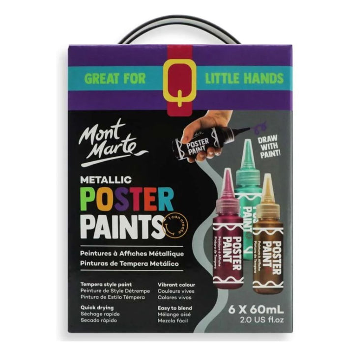 Mont Marte metallic poster paint set with six 60ml brushes and rollers for artistic projects and vibrant metallic finishes.