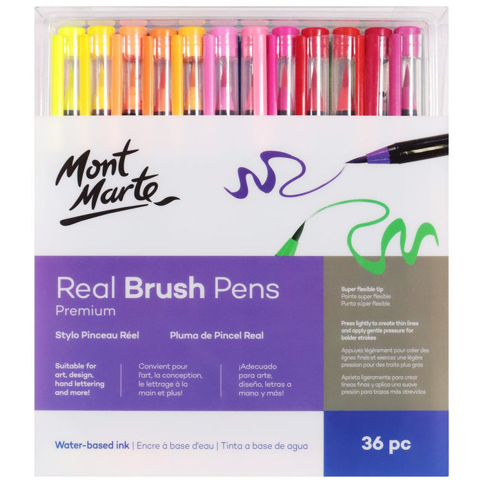 Mont Marte Real Brush Pens 36-piece set featuring versatile brush pens and a roll-up storage case for artists and illustrators.