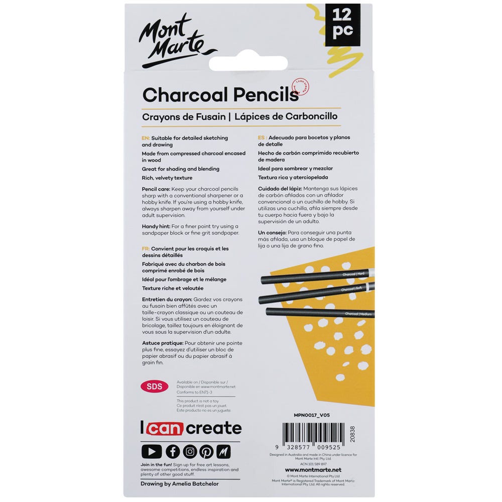 Mont Marte Charcoal Pencils 12pc for Sketching, Portrait Drawing & Shading