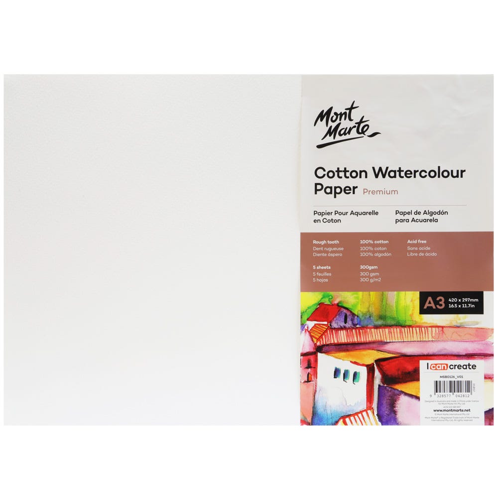 Mont Marte Cotton Watercolour Paper 300gsm A3 5 Sheets - Al Masam Stationery LLC Main image