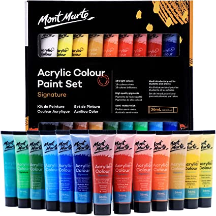 Mont Marte acrylic colour paint set with 18 tubes of 75ml each, featuring vibrant paints for artists and craft projects.