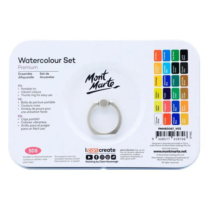 Mont Marte 27-piece watercolor set in a metal tin, including vibrant paints, brushes, and accessories for artistic painting.