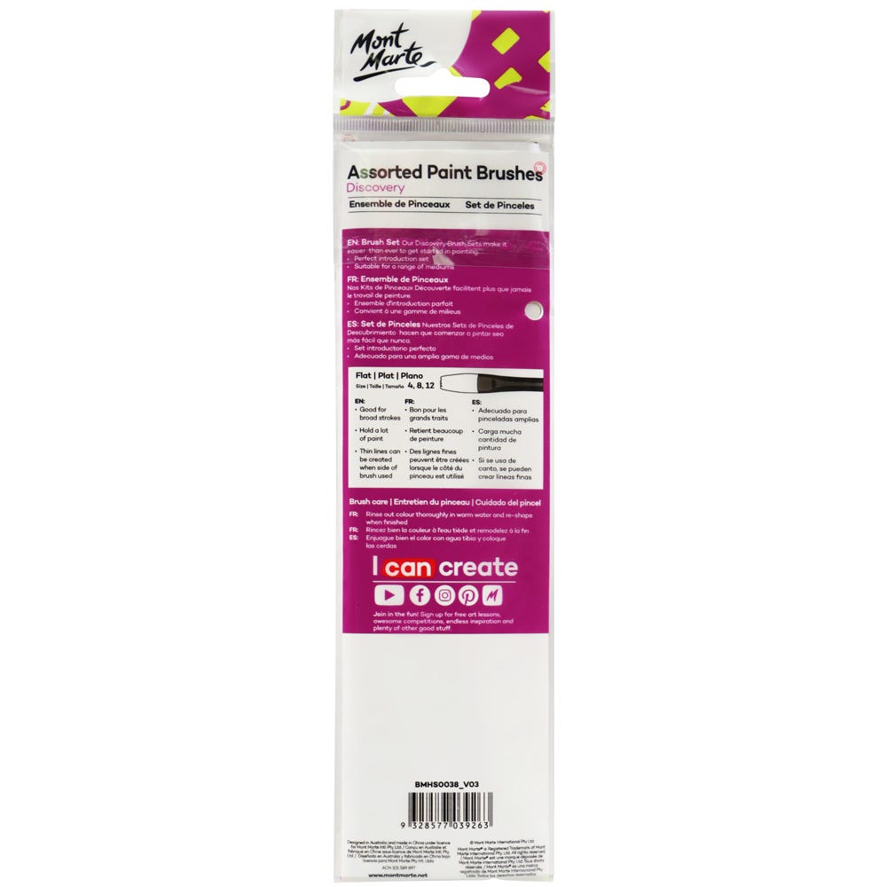 Mont Marte - BMHS0038 - 3pc Brush Set for Acrylic, Watercolour & Beginner Art Projects