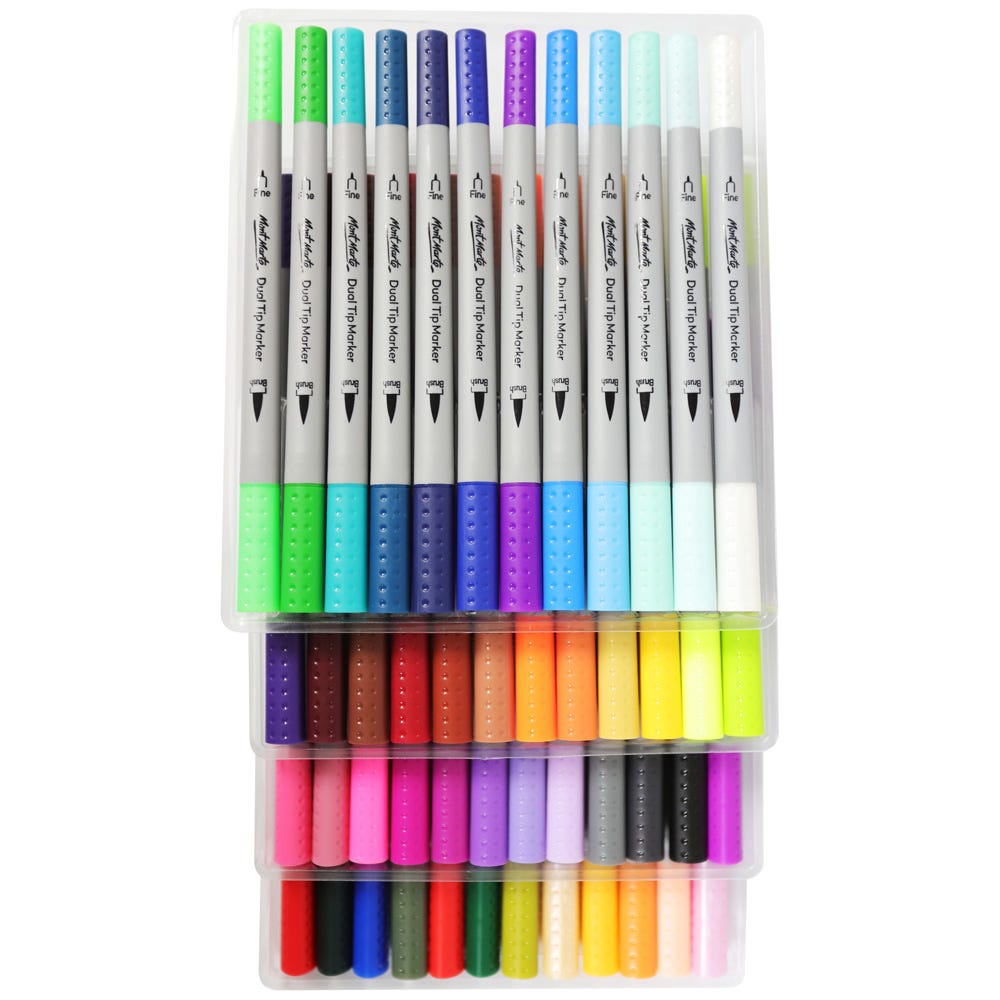 Mont Marte Dual Tip Brush & Fineliner Markers 48pc Tri Grip for Lettering & Illustration