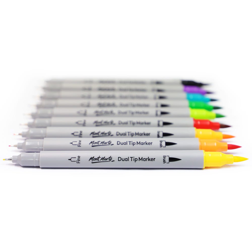 Mont Marte Dual Tip Brush & Fineliner Markers 48pc Tri Grip for Lettering & Illustration