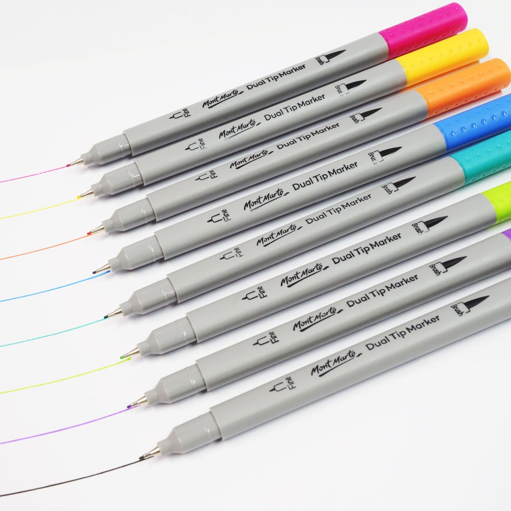 Mont Marte Dual Tip Brush & Fineliner Markers 48pc Tri Grip for Lettering & Illustration