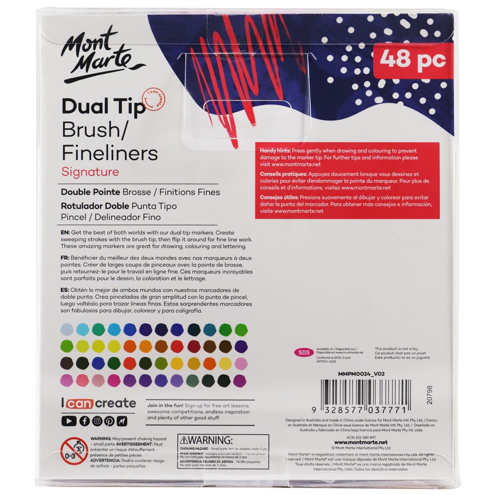 Mont Marte Dual Tip Brush & Fineliner Markers 48pc Tri Grip for Lettering & Illustration