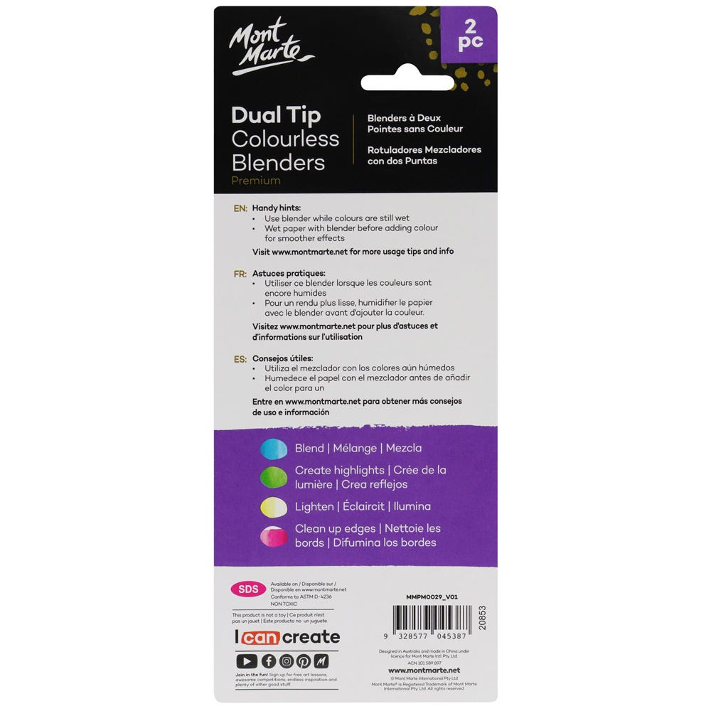 Mont Marte Colourless Alcohol Blender Markers 2pc for Smooth Blending & Highlights