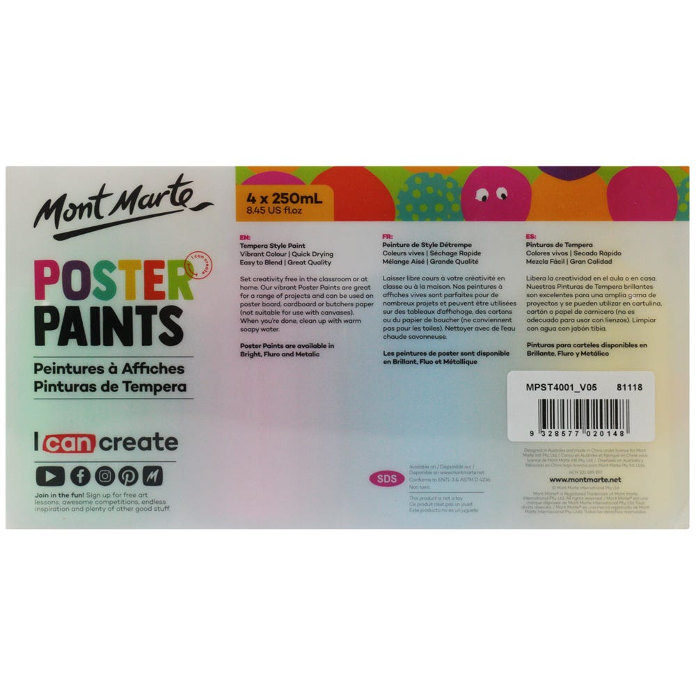 Mont Marte Poster Paint 250ml 4pc - Bright - Al Masam Stationery LLC - Gouache & Poster Paints - Gouache & Poster Paints