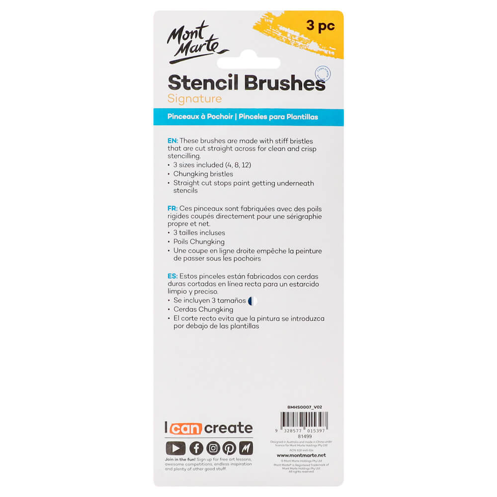 Mont Marte Stencil Brush Set 3pc Sizes 12/8/4 for Stencilling, Craft & Paint Projects
