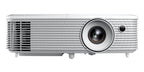 Optoma HD28i projector displaying a bright image on a wall, showcasing its sleek design and compact size.