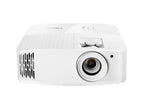 Optoma UHD55 4K gaming and home entertainment projector showing a bright, detailed image projected on a wall.