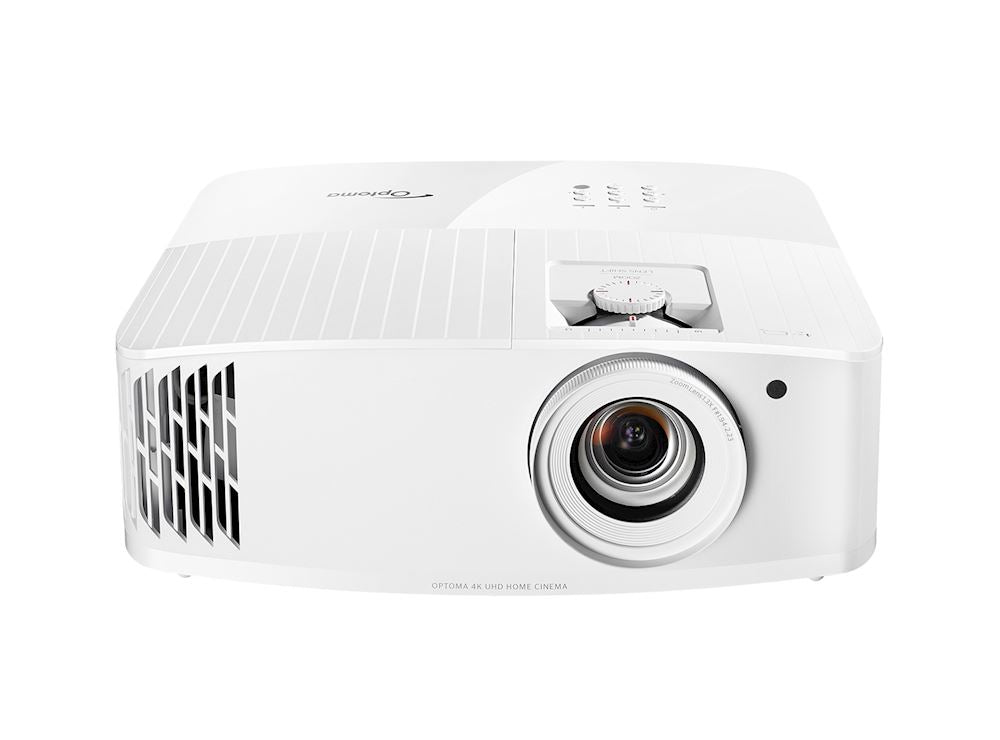 Optoma UHD55 4K gaming and home entertainment projector showing a bright, detailed image projected on a wall.