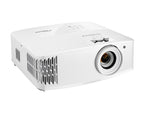 Optoma UHD55 4K gaming and home entertainment projector displaying vibrant 4K images on a wall.