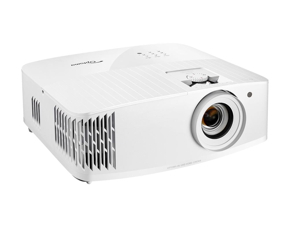 Optoma UHD55 4K gaming and home entertainment projector displaying vibrant 4K images on a wall.