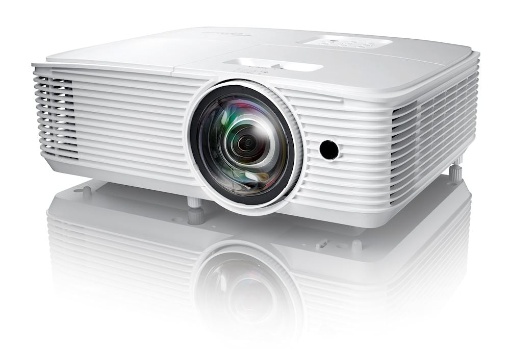 Optoma X309ST projector showing front view with lens and control buttons, compact design ideal for home or classroom use