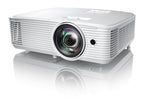 Optoma X309ST projector showing front view with lens and control buttons, compact design ideal for home or classroom use