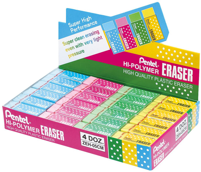 Box of 48 Pentel ZEH-05 Hi-Polymer Erasers, medium-sized, ideal for precise erasing and clean results on paper.