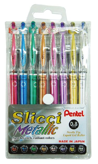 Pentel SLICCI Gel Roller Metalic Color 0.8mm Wallet of 8 Pcs ASST - Al Masam Stationery LLC Main image