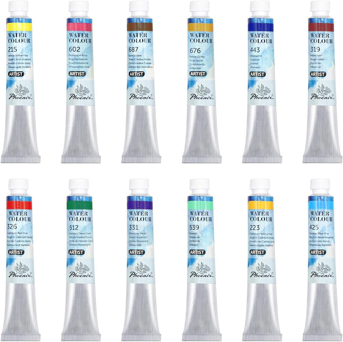 Phoenix Studio Watercolour 12x12ml paper box set with ABL tubes, ideal for watercolor painting and artistic projects.