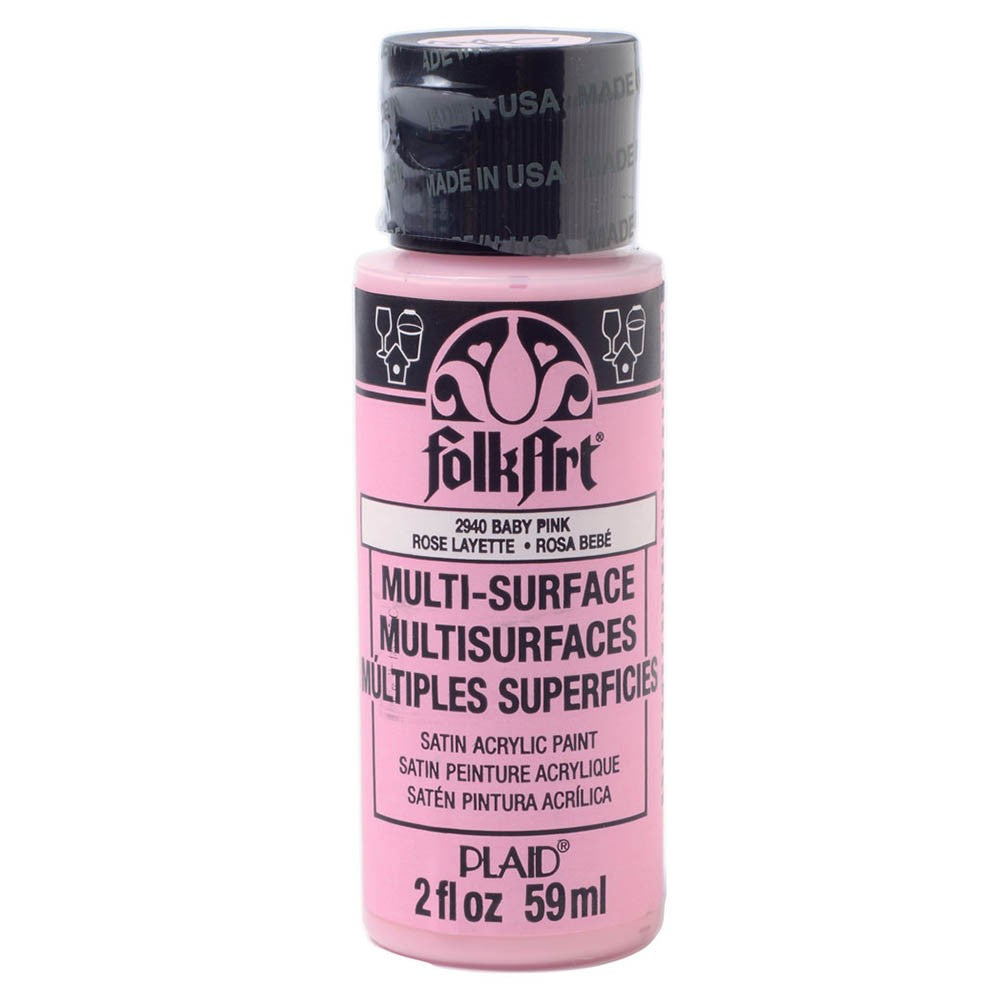 Folkart Multi-Surface Paint in Baby Pink, a creamy pastel paint in a jar, suitable for crafts and home decor projects.