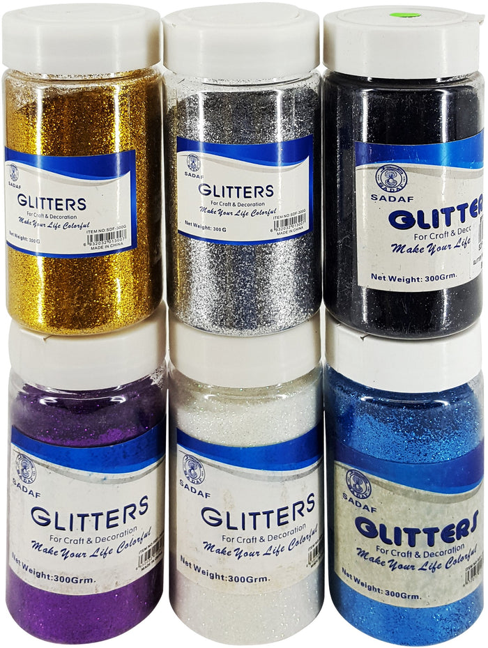 Sadaf Glitter Powder 300g in assorted colors, craft tool for arts and crafts projects, sparkling glitter in a clear container