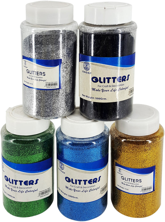 Sadaf Glitter Powder 500g in assorted colors, craft tool for decoration and arts, shown in a clear container with sparkling glitter.