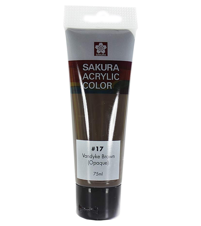 Sakura acrylic paint in 75ml Vandyke Brown, vibrant brown acrylic paint tube with color label and cap, suitable for artistic projects.