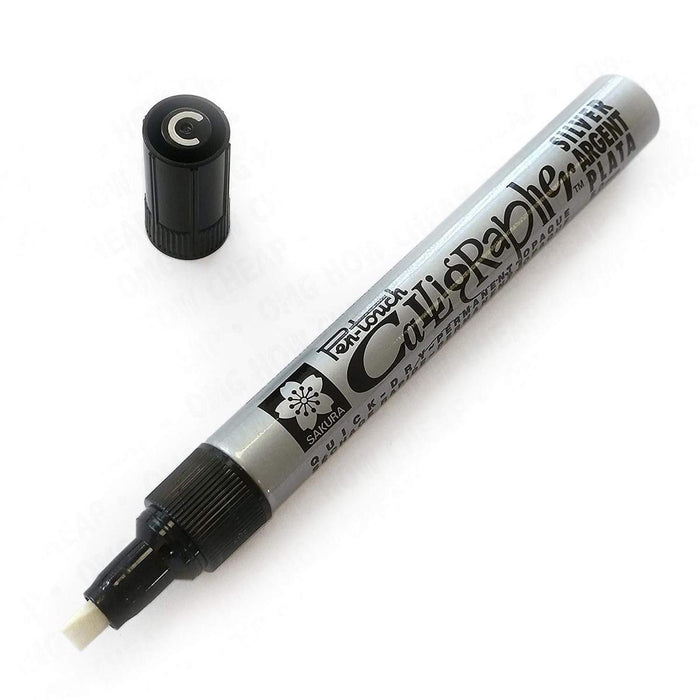 Sakura Marker Pen Touch Silver with a silver ink tip, shown with the pen's body and cap in a close-up image.