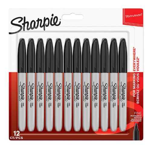 Twelve Sharpie fine tip black ink permanent markers arranged in a row on a white background.