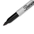 Sharpie Fine Tip Black Ink Permanent Markers in a pack of 12, showcasing their sleek design and fine point tips.
