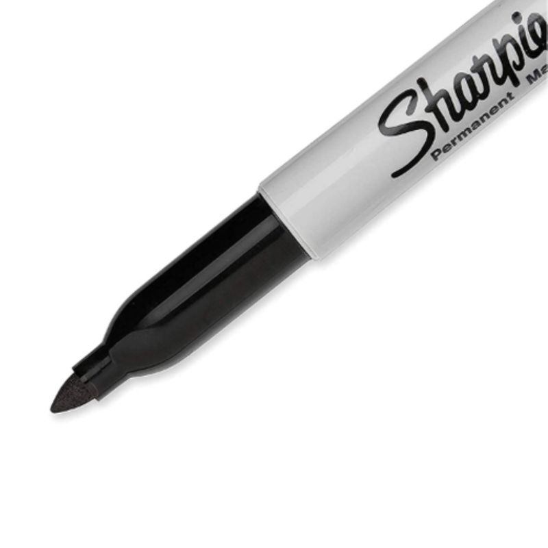 Sharpie Fine Tip Black Ink Permanent Markers in a pack of 12, showcasing their sleek design and fine point tips.