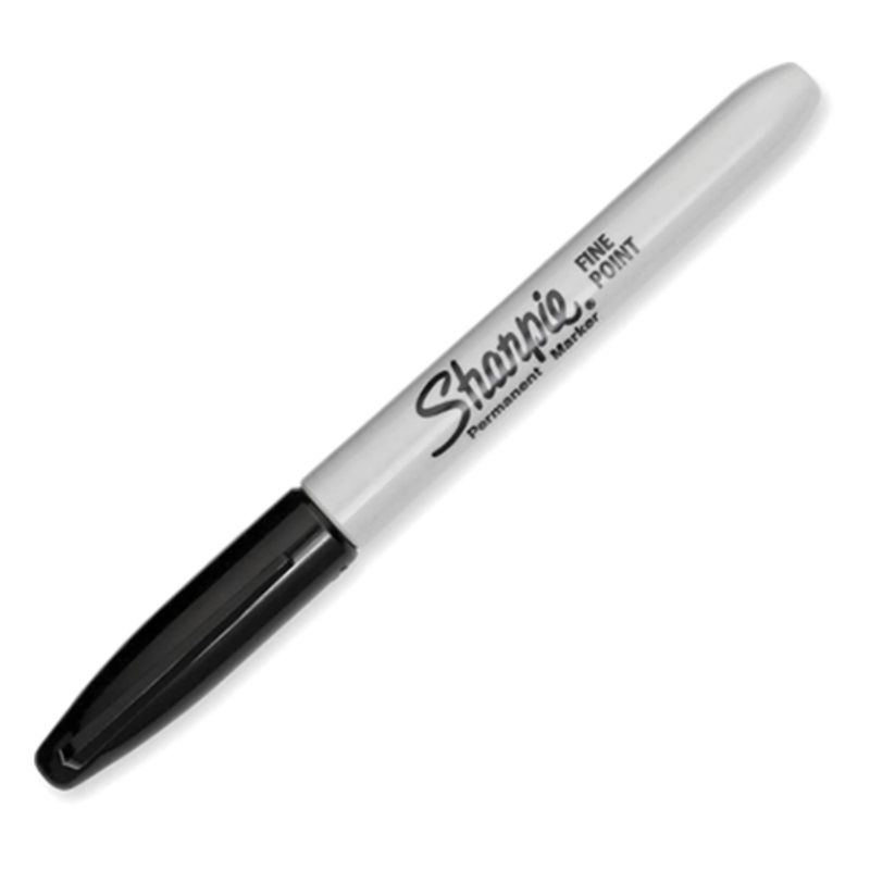 Sharpie Fine Tip Black Ink Permanent Markers in a pack of 12, showcasing the marker tips and packaging design.